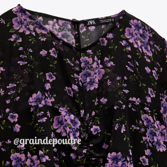 Rare! Zara Violet Floral Print Chiffon Gathered Ruffle Salsa Mini Dress S - Picture 2 of 7